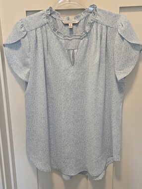 Light Blue, Tiny Floral Patterned Women's Top With Tulip Sleeves